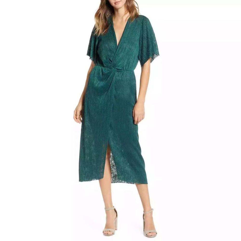 All in Favor green plisse midi dress, Medium, Green Bug, Enerald